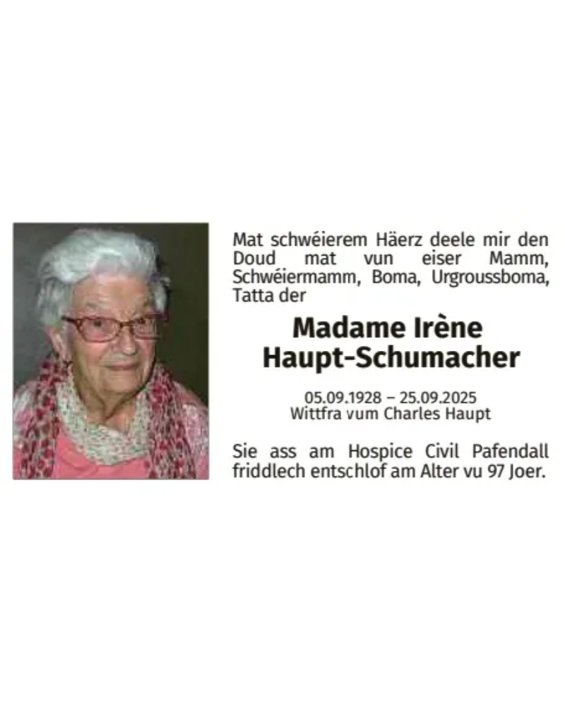 Traueranzeige für Irène Haupt-Schumacher