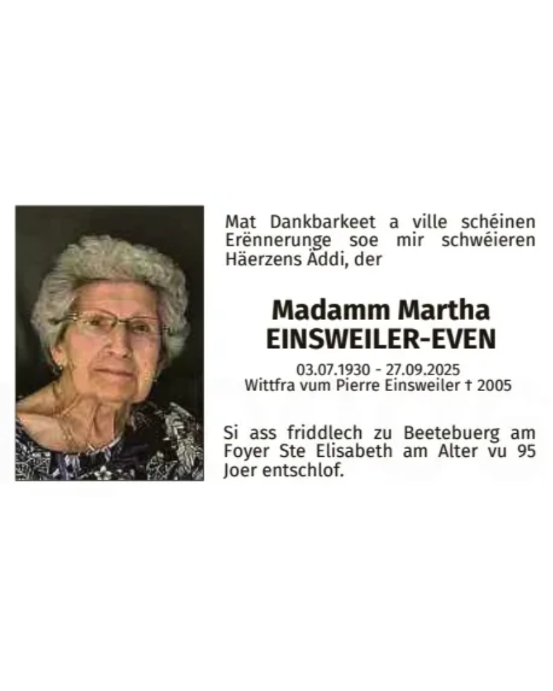 Traueranzeige für Martha Einsweiler-Even