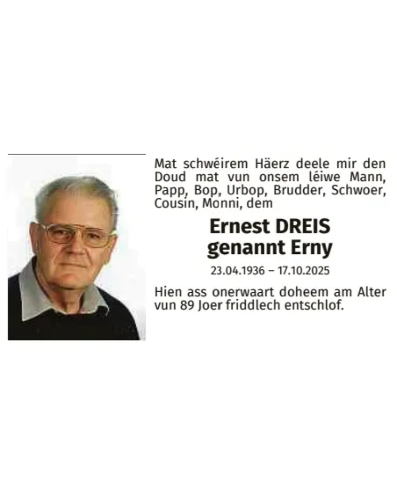 Traueranzeige für Ernest Dreis