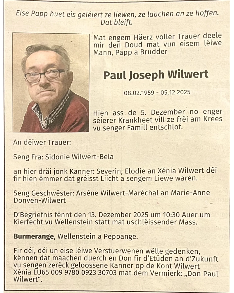 Traueranzeige für Paul Joseph Wilwert
