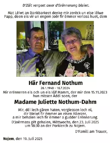 Traueranzeige für Mr& Mme Nothum -Dahm