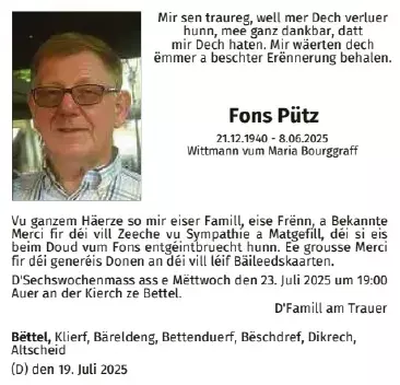 Traueranzeige für Fons Pütz