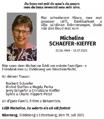 Traueranzeige für Micheline Schaeffer-Kieffer