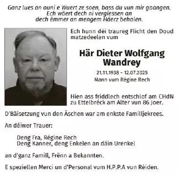 Traueranzeige für Dieter Wolfgang Wandrey
