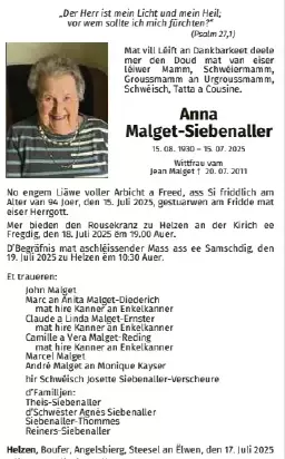 Traueranzeige für Anna Malget-Siebenaller