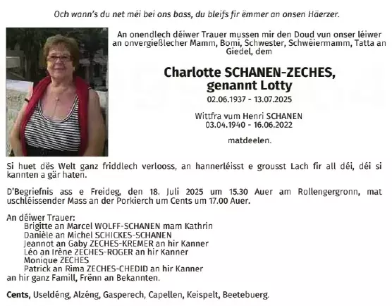 Traueranzeige für Charlotte Schanen - Zeches