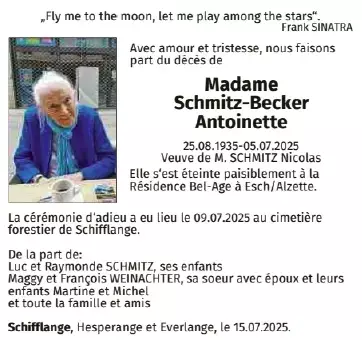 Traueranzeige für Antoinette Schmitz - Becker