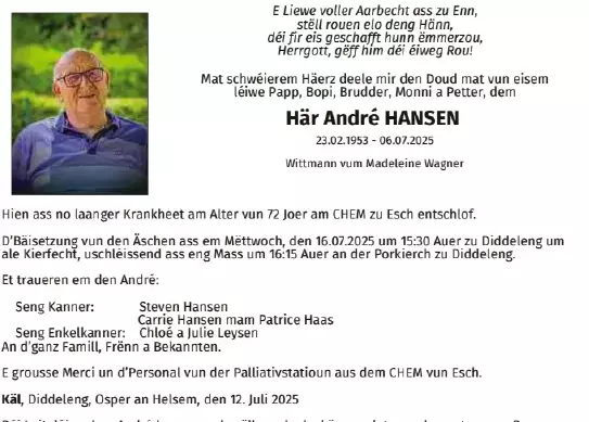 Traueranzeige für André Hansen