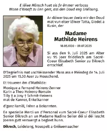 Traueranzeige für Mathilde Heirens