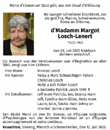 Traueranzeige für Margot Losch- Lenert