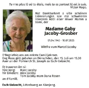 Traueranzeige für Gaby Jacoby Grosber