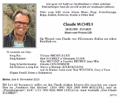 Traueranzeige für Claude Michely