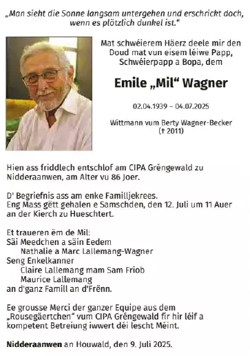 Traueranzeige für Emile Wagner