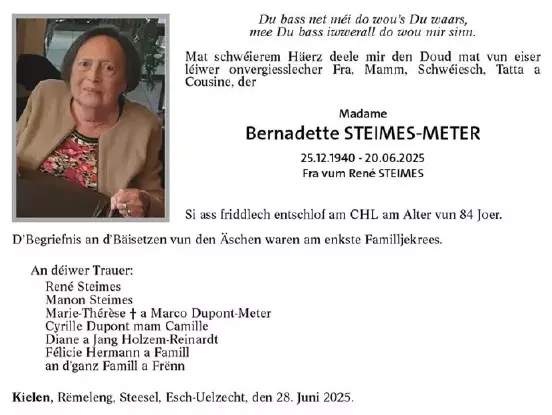 Traueranzeige für Bernadette Steimes - Meter