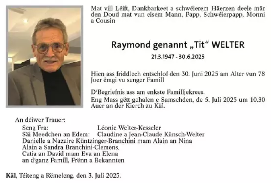 Traueranzeige für Raymond Welter