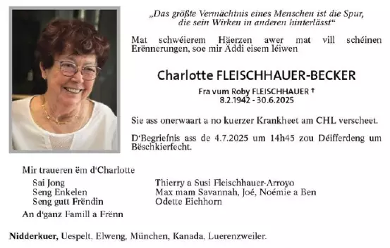 Traueranzeige für Charlotte Fleischhauer-Becker