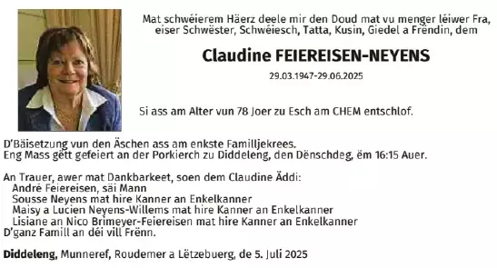 Traueranzeige für Claudine Feiereisen - Neyens