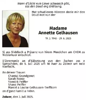Traueranzeige für Annette Gelhausen