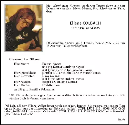 Traueranzeige für Eliane Colbach