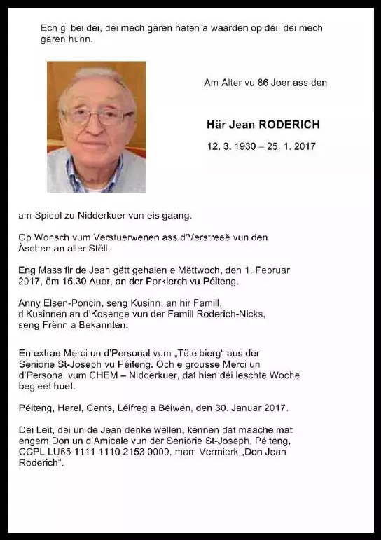 Traueranzeige für Jean RODERICH