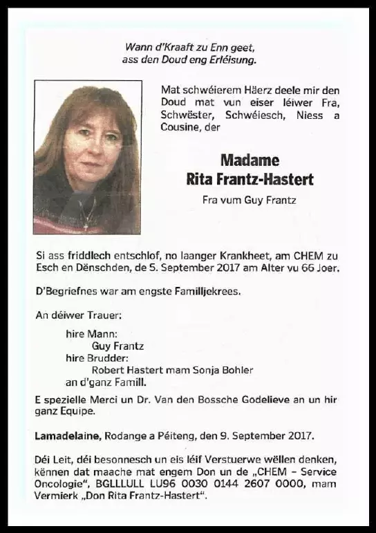 Traueranzeige für Rita Frantz-Hastert