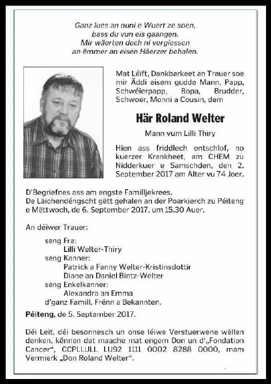 Traueranzeige für Roland Welter