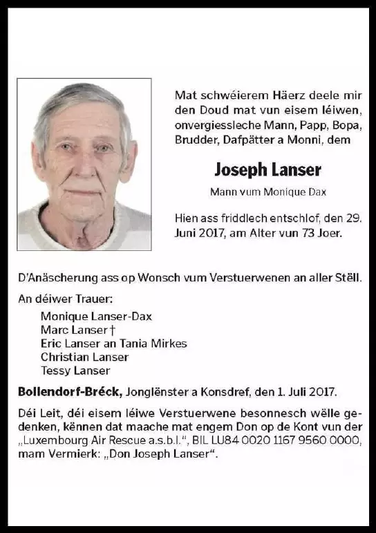 Traueranzeige für Joseph Lanser