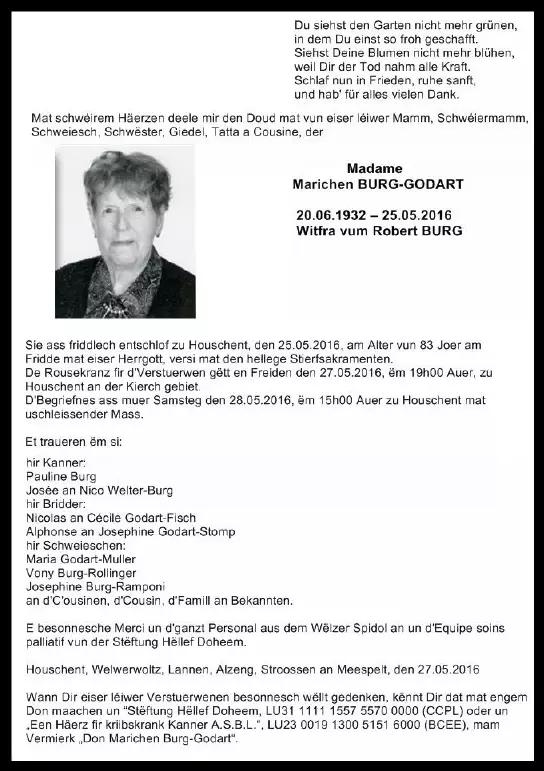 Traueranzeige für Marichen BURG-GODART