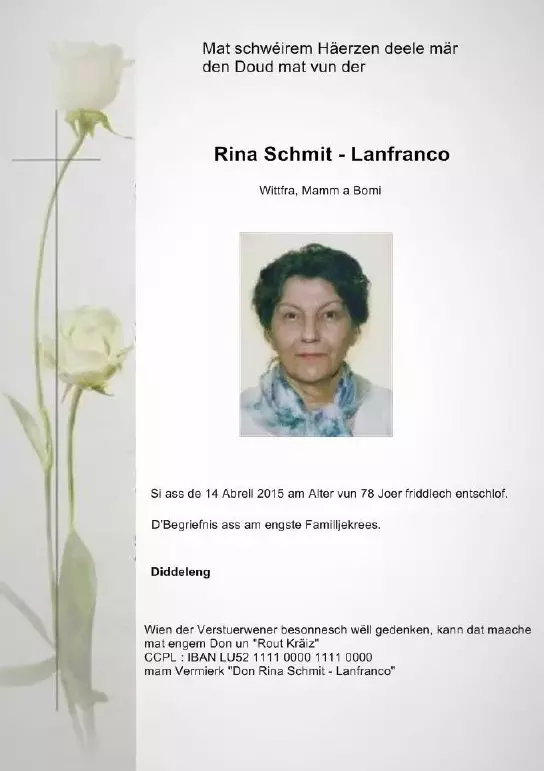 Traueranzeige für Rina Schmit - Lanfranco