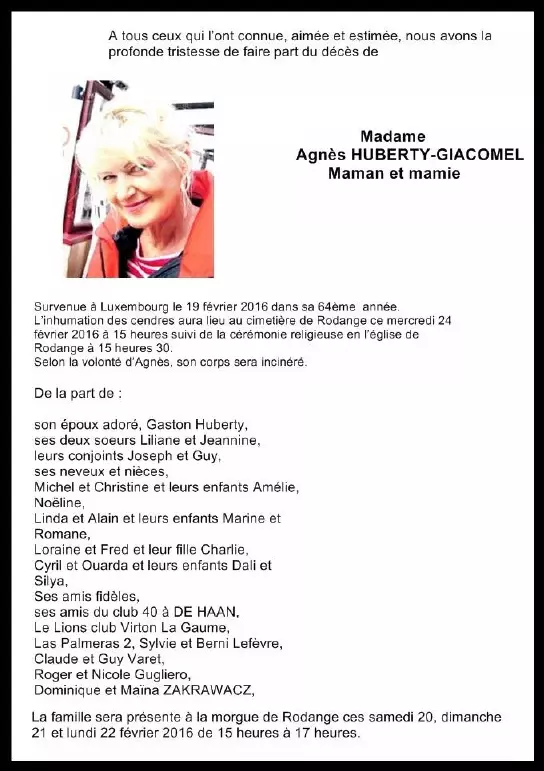 Traueranzeige für Agnès HUBERTY-GIACOMEL