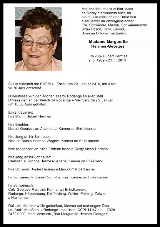 Traueranzeige für Marguerite Hermes-Georges