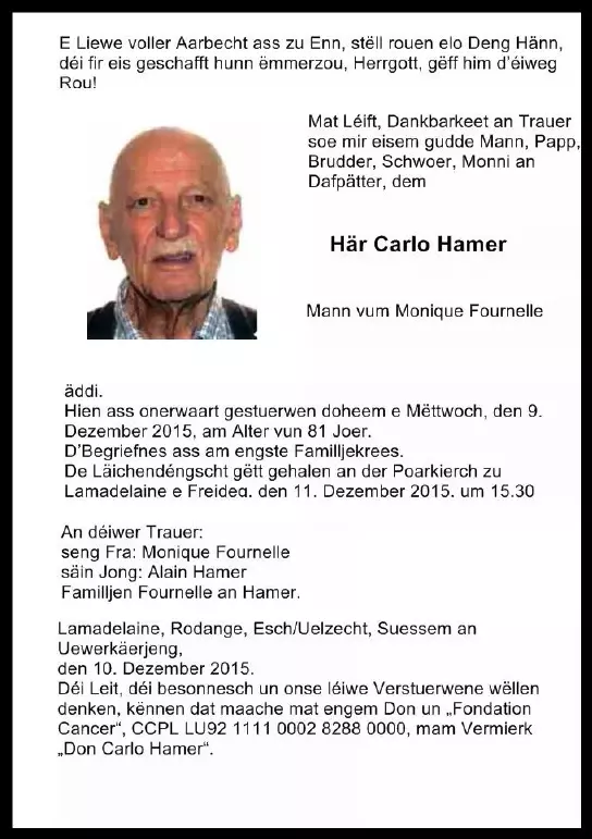 Traueranzeige für Carlo Hamer