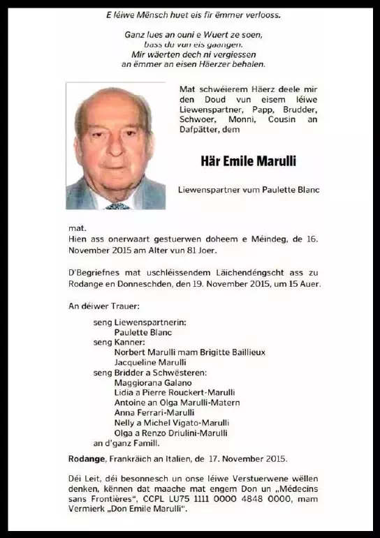 Traueranzeige für Emile Marulli