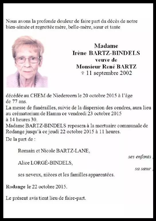 Traueranzeige für Irène BARTZ-BINDELS