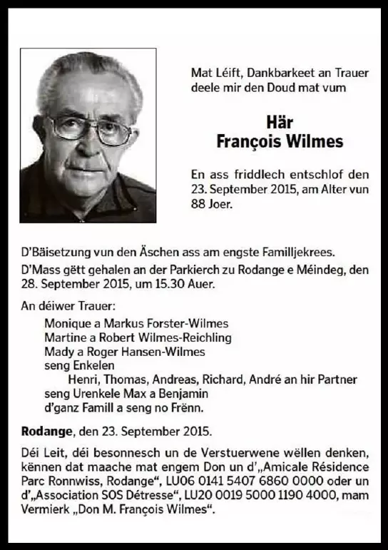 Traueranzeige für François Wilmes