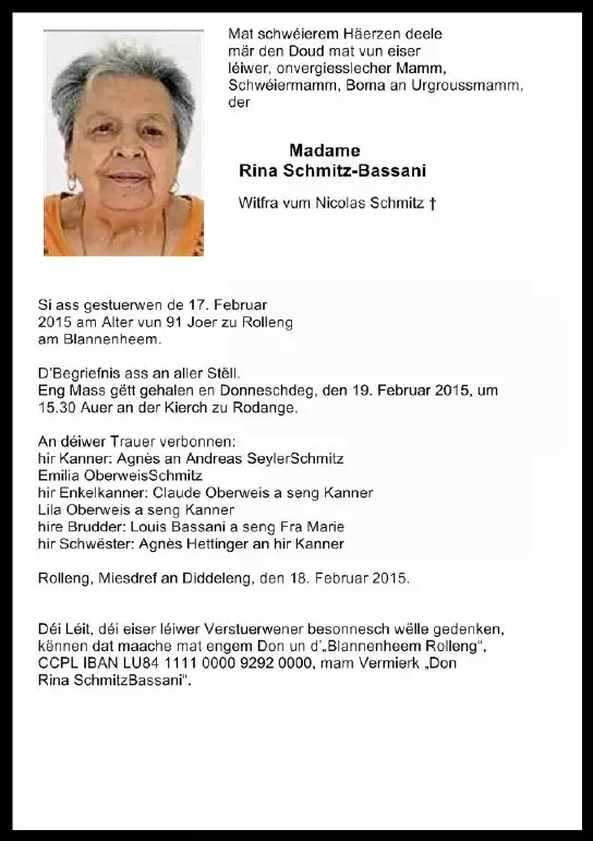 Traueranzeige für Rina Schmitz-Bassani