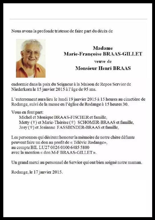 Traueranzeige für Marie-Françoise BRAAS-GILLET