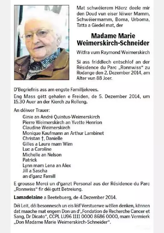 Traueranzeige für Marie WEIMERSKIRCH-SCHNEIDER