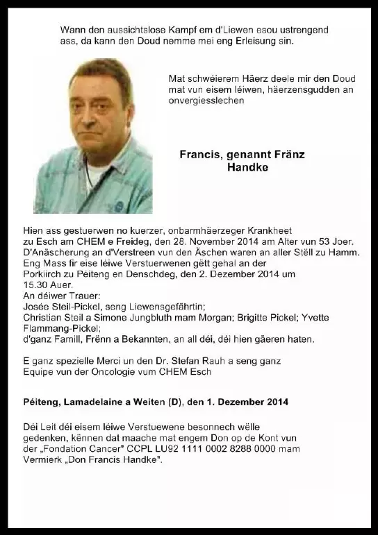 Traueranzeige für Francis Handke
