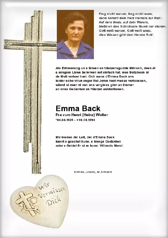 Traueranzeige für Emma Back