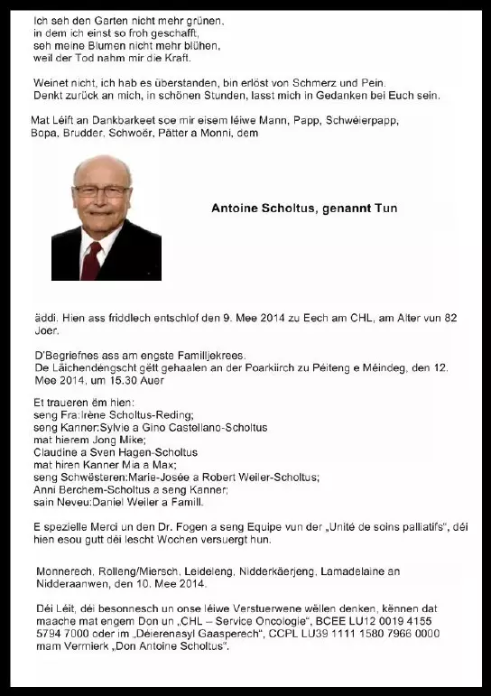 Traueranzeige für Antoine Scholtus