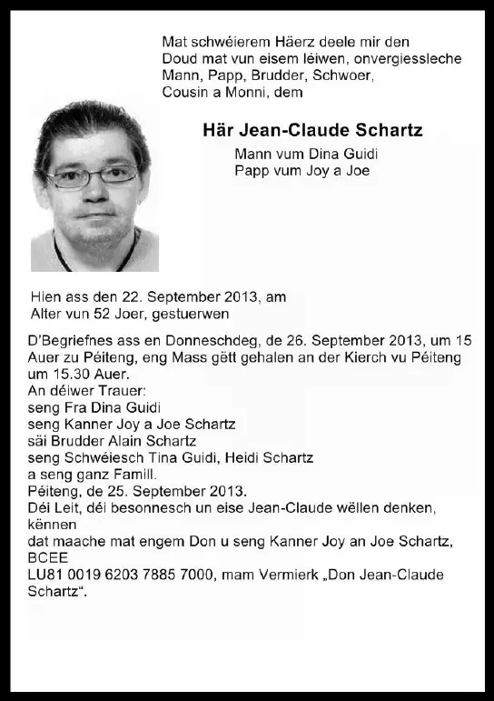 Traueranzeige für Jean-Claude Schartz