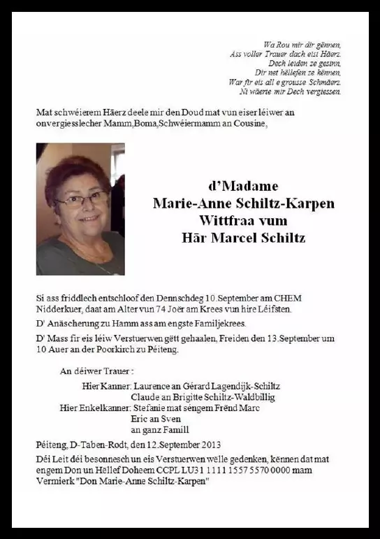 Traueranzeige für Marie-Anne Schiltz-Karpen