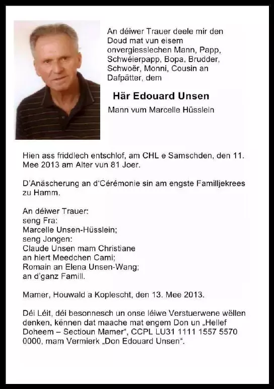 Traueranzeige für Edouard Unsen