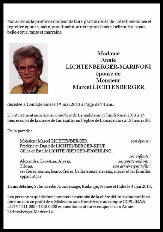Traueranzeige für Annie LICHTENBERGER-MARINONI