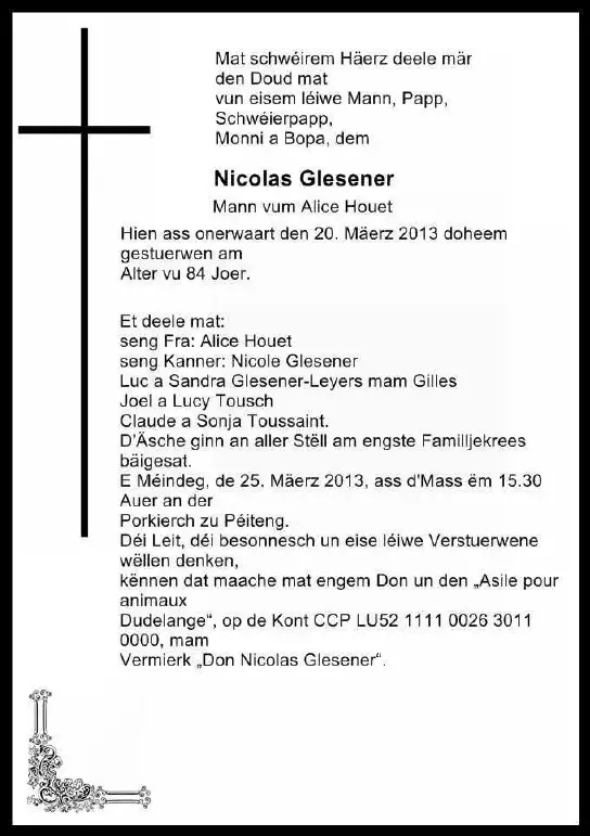 Traueranzeige für Nicolas Glesener