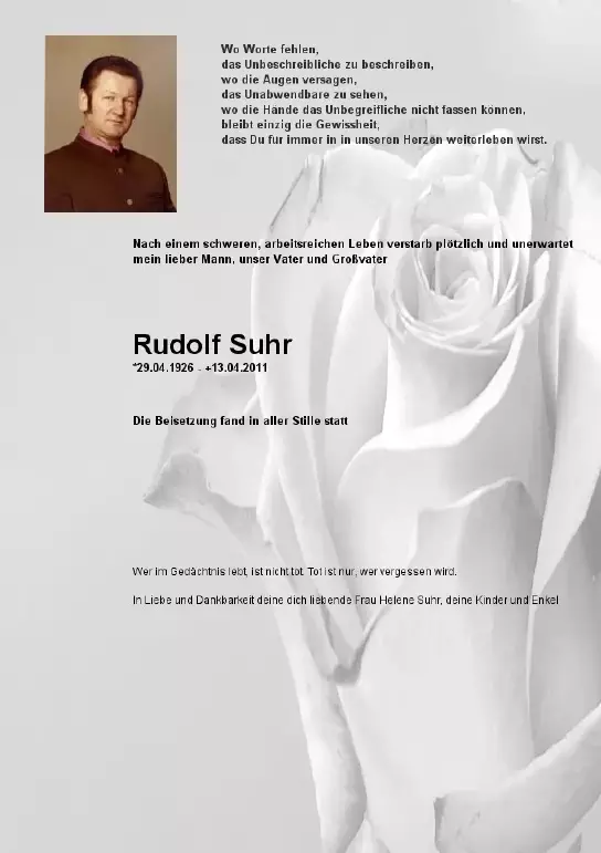 Traueranzeige für Rudolf Suhr