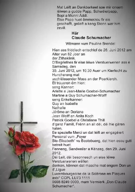 Traueranzeige für Claude Schumacher