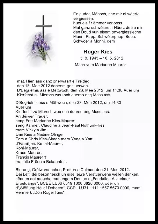 Traueranzeige für Roger Kies