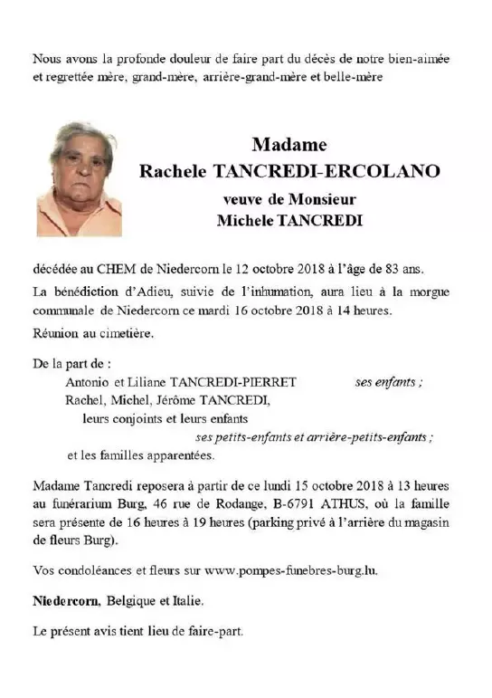 Traueranzeige für Rachele TANCREDI-ERCOLANO